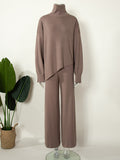 Momentlover Casual Solid Color Irregularity High-Neck Sweater& Wide Leg Pants Suits