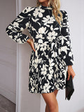 Momentlover Tied Waist Pleated Flower Print Loose Long Sleeves Mock Neck Mini Dresses