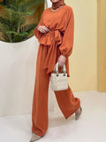 Momentlover Solid Color Long Sleeves Round-Neck Pleated Tied Waist Elasticity Blouses Top + High Waisted Wide Leg Pants Bottom Two Pieces Set