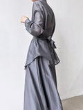 Momentlover Solid Color Long Sleeves Tied Waist Blouse + Loose Elasticity Waist Skirt Two Pieces Set