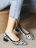 Momentlover Round Cut Pointed-Toe Houndstooth Contrast Color Pumps Mid Heels
