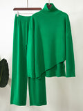 Momentlover Casual Solid Color Irregularity High-Neck Sweater& Wide Leg Pants Suits