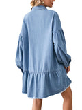 Momentlover Split-Joint Pockets Pleated Fringed Buttoned Loose Long Sleeves Lapel Mini Dresses