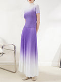 Momentlover Gradient Pleated Short Sleeves High-Neck T-shirt + Skirt Bottom Two Pieces Set