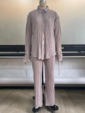 Momentlover Drawstring Pleated Flared Sleeves Long Sleeves Buttoned Solid Color Split-Side Lapel Shirts Top + Pants Bottom Pajama Sets