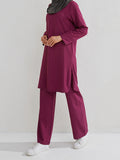 Momentlover Solid Color Long Sleeves Pockets Split-Side Round-Neck Shirts Top + Pants Bottom Two Pieces Set