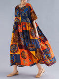 Momentlover Original Printing Split-Joint Round-Neck Midi Dress