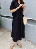 Momentlover Loose Solid Color V-Neck Pleated With Pockets Midi Dresses