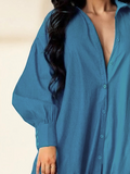 Momentlover Long Sleeves Loose Buttoned Contrast Color Split-Joint Lapel Collar Midi Dresses