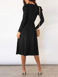 Momentlover Tied Waist Solid Color Long Sleeves High Waisted Round-Neck Sweater Dresses Midi Dresses