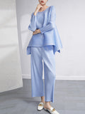 Momentlover Loose Pleated Solid Color High-Low Round-Neck T-Shirts  + Pants Two Pieces Set