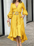 Momentlover Solid Color Pleated Puff Sleeves High-Low V-Neck Maxi Dresses