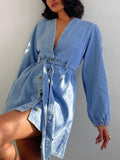 Momentlover Long Sleeves Loose Split-Joint Tied Waist V-Neck Denim Mini Dresses