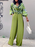 Momentlover Long Sleeves Heaps Collar Printed Shirts Top + High Waisted Pants Bottom Two Pieces Set