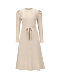 Momentlover Tied Waist Solid Color Long Sleeves High Waisted Round-Neck Sweater Dresses Midi Dresses