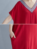 Momentlover Casual Artistic Retro Striped V-Neck Short Sleeves Maxi Dress