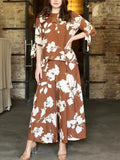 Momentlover Flower Print Round-Neck T-Shirt&Wide Leg Pants Two Pieces Set