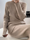 Momentlover Urban Loose Solid Round-Neck Split-Side Sweater& Wide Leg Pants Suits