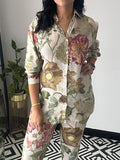 Momentlover Flower Print Long Sleeves Buttoned Lapel Shirts Top + Ninth Pants Pants Bottom Two Pieces Set