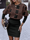 Momentlover Plus Size Lantern Sleeve Geometric Print Dress AR56175