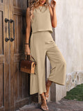 Momentlover Loose Sleeveless Pockets Solid Color Round-Neck Vest Top&Pants Two Pieces Pants Set