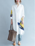Momentlover White Asymmetric Printed Split-Side Long Sleeves Shirt Dress