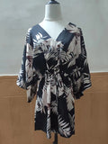 Momentlover Original Loose Leaf Printed Contrast Color Tied Buttoned Mini Shirt Dress