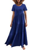 Momentlover Casual Short Sleeves Loose Solid Color Round-Neck Maxi Dresses
