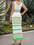 Momentlover Striped Skinny Hollow Sleeveless Round-Neck Vest Top + Split-Side Skirts Two Pieces Set
