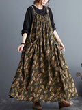 Momentlover Artistic Retro Ramie Cotton Loose 3 Colors Floral Printed Square-Neck Sleeveless Strap Dress