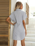 Momentlover Original Casual Loose Striped Buttoned Pleated Mini Shirt Dress