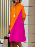 Momentlover Stylish Selection Long Sleeves Contrast Color Lapel Midi Dresses