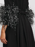 Momentlover Elegant Simple Black And White Feather Long Sleeve Party Dress