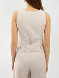 Momentlover Solid Color Deep V-Neck Sleeveless Buttoned Vest Top + Pleated Straight Leg Pants Bottom Two Pieces Set