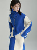 Momentlover Casual Loose Long Sleeves Contrast Color High-Neck Sweater Top&Skirt Two Pieces Set
