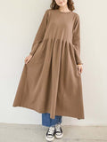 Momentlover Casual Loose Long Sleeves Solid Color Round-Neck Midi Dresses