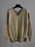 Momentlover Urban Loose Solid Color V-Neck Sweater Tops& Wide Leg  Pants Suits