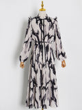 Momentlover Tied Split-Joint Printed Hollow Elasticity Puff Sleeves Loose Mock Neck Midi Dresses
