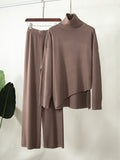 Momentlover Casual Solid Color Irregularity High-Neck Sweater& Wide Leg Pants Suits