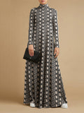 Momentlover Long Sleeves Loose Printed High Neck Maxi Dresses