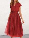 Momentlover Solid Color Short Sleeves Loose V-Neck Midi Dresses
