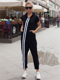 Momentlover Fashion Stripes Zipper Hooded Jumpsuits