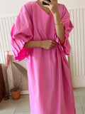 Momentlover Causal Plus Size Pleated Raglan Sleeve V-Neck Midi Dress