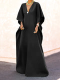 Momentlover Batwing Sleeves Loose Solid Color Split-Side V-Neck Maxi Dresses