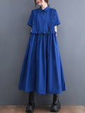 Momentlover Simple Short Sleeves Loose Buttoned Falbala Split-Joint Solid Color Midi Shirt Dress