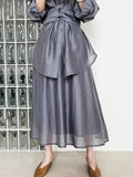 Momentlover Solid Color Long Sleeves Tied Waist Blouse + Loose Elasticity Waist Skirt Two Pieces Set