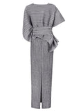 Momentlover Urban Loose Solid Color Tied Pleated Top&V-Back Vest Dress Two Pieces Set