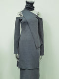 Momentlover Irregularity Solid Color Split-Front Cold Shoulder Sweater Tops& Skirts Two Pieces Set
