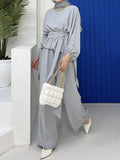 Momentlover Solid Color Long Sleeves Round-Neck Pleated Tied Waist Elasticity Blouses Top + High Waisted Wide Leg Pants Bottom Two Pieces Set