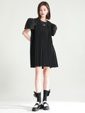Momentlover Urban Puff Sleeves Split-Joint Black Pleated Mini Dress